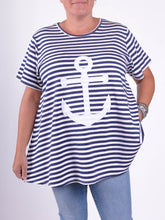 Basic Cotton Swing T Shirt - Round Neck 10516 STRIPE ANCHOR, Tops & Shirts, Pure Plus Clothing, Lagenlook Clothing, Plus Size Fashion, Over 50 Fashion